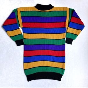 80s Vintage Rainbow Striped Sweater Dress